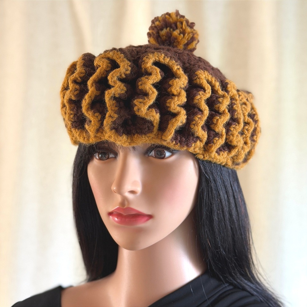 Vtg 70s Handmade Crochet Ruffle Beret Tam Hat Brown Mustard Yellow Pom Pom Retro